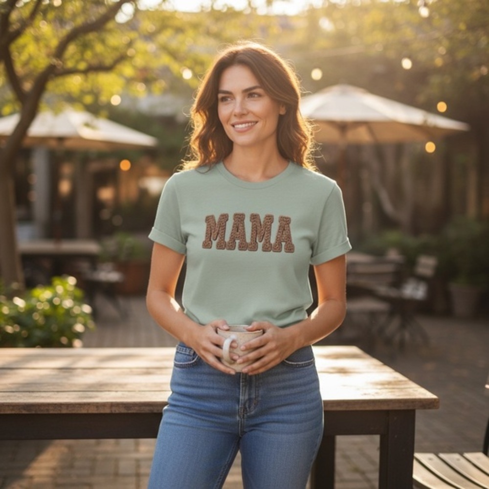 Mama Graphic Tee – Mint Green Brown Yarn Print | Sizes S–XL | Cute Casual Top